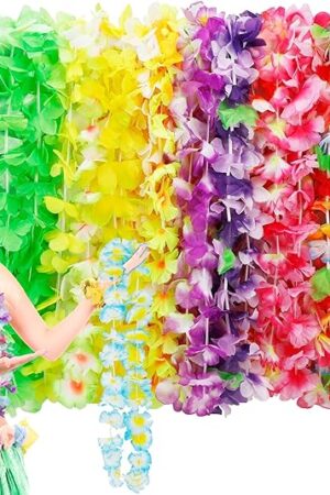 50pcs Hawaiian Leis Decorations, Hawaiian Leis Bulk Flower Necklaces Luau Party Decor, Colorful Hula Dance Celebration Tropical Summer Beach Pool Parties, Hawaiian Flower Leis for Party Favors Decor