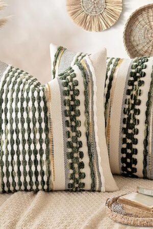 ANRODUO Pack of 2 Boho Decorative Throw Pillow Covers 18x18 Farmhouse Cushion Case Striped Chenille Pillow Cases Square Pillow Covers Accent Neutral Pillowcase for Sofa Couch Bed, Olive Green Stripe