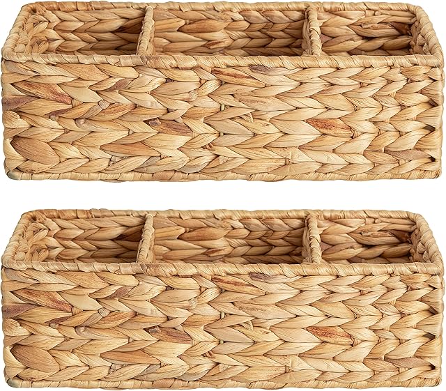 StorageWorks Wicker Toilet Basket Tank Topper, Toilet Paper Basket for Back of Toilet Tank Top, 3-Section Water Hyacinth Storage Baskets, 2-Pack