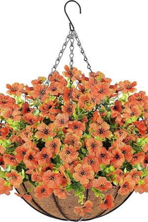Der Rose Fall Autumn Artificial Mums Hanging Flowers Basket for Outdoors Fake Hanging Plants Fall Decoration UV Resistant for Home Garden Front Porch Patio Balcony Fall Decor（Orange）