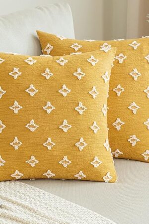 ANRODUO Pack of 2 Yellow Floral Boho Decorative Throw Pillow Covers with Tufted Rhombic Jacquard for Fall Room Decor Boho Pillow Covers Decorations 18x18 Soft Pillowcase for Couch Sofa Living Room