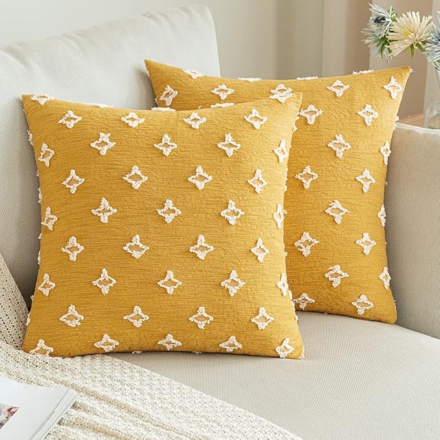 ANRODUO Pack of 2 Yellow Floral Boho Decorative Throw Pillow Covers with Tufted Rhombic Jacquard for Fall Room Decor Boho Pillow Covers Decorations 18x18 Soft Pillowcase for Couch Sofa Living Room