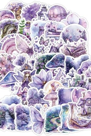 The Purple Flower Fantasy Stickers 50 Pcs, Aesthetic Fairy Violette Garden Stickers for Girls Teens, Whimsical Waterproof