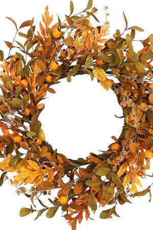 20'' Fall Wreath Autumn Wreath for Front Door with Small Pumpkins and Oak Leaves for Thanksgiving Halloween Home Outdoor Farmhouse Porch Wall Window Decoration,Brown Gift Box Included