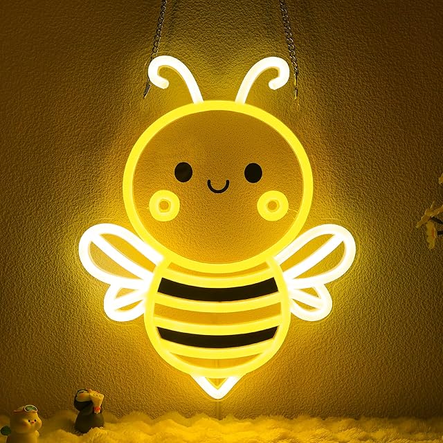 Bee Neon Sign Wall Art, Honey Bee Decor for Bedroom Living Room Office Patio Garden Stores, USB-Powered Energy-Saving Light with Hanging Kit, Gifts for Kids,Women,Beekeeper