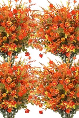 20 Bundles Artificial Fall Flowers for Outdoor Decoration, Fake Mums Faux Plastic Flowers Plants UV Resistant Boston Fern for Planters Window Box Porch Garden Patio Autumn Home Decor