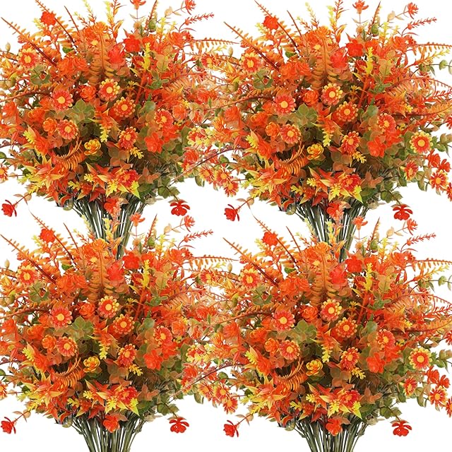 20 Bundles Artificial Fall Flowers for Outdoor Decoration, Fake Mums Faux Plastic Flowers Plants UV Resistant Boston Fern for Planters Window Box Porch Garden Patio Autumn Home Decor