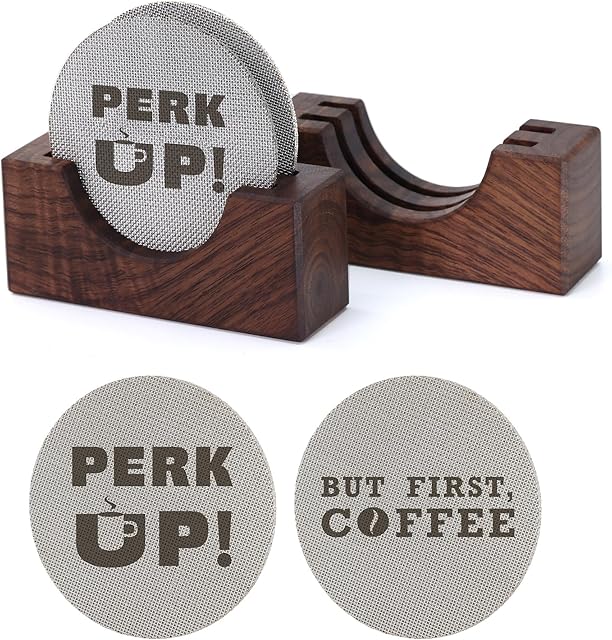 2Packs 53.3mm Espresso Puck Screen | Handmade Walnut Stand | 1.7mm Thickness 150μm 316 Stainless Steel