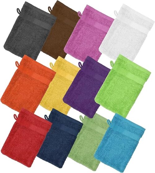 ZUPERIA Premium Bath Mitts - Pack of 12 (6 x 9 Inches) - 100% Cotton European Style Washcloths with Loop - Super Soft and Absorbant Bath Washcloths (12 Colors)