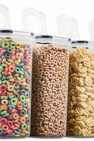 4 Pack Airtight Cereal & Dry Food Storage Container - BPA Free Plastic Kitchen and Pantry Organization Canisters for, Flour, Sugar, Rice, Nuts, Snacks, Pet Food & More (4L, 16.9 Cup, 135.5 Ounce