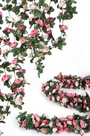8 Pcs x 8.2 ft Flower Garland Artificial Rose Vine Flowers with Green Leaves Hanging Fake Roses Vine for Room Party Home Wedding Birthday Christmas Wall Arch Decor, Spring Pink Flower