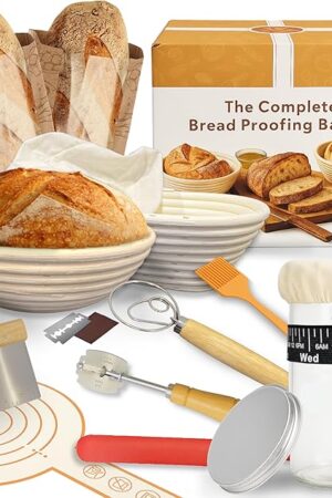 ARHY Sourdough Starter & Bread Baking Kit – 700ml Wide-Mouth Fermentation Jar + Round & Oval Rattan Bannetons – Complete Tool Set with Online Recipe Guide