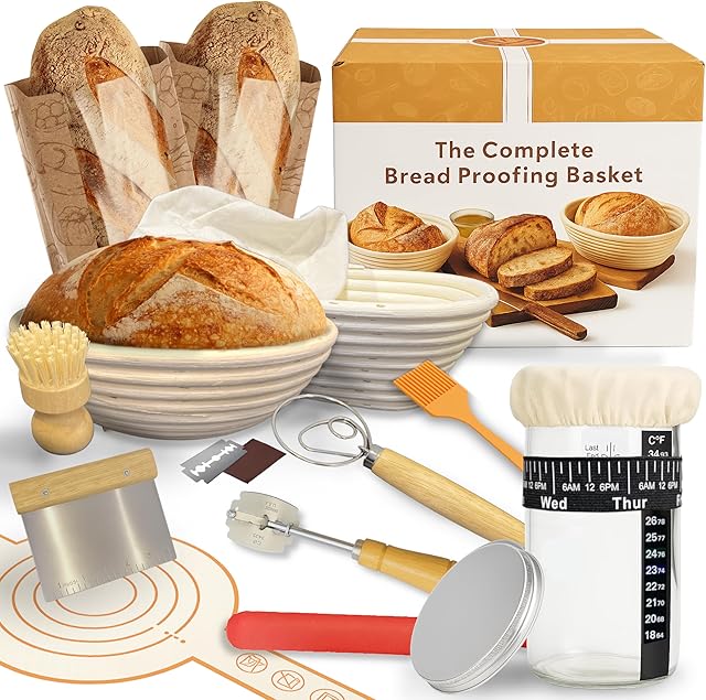 ARHY Sourdough Starter & Bread Baking Kit – 700ml Wide-Mouth Fermentation Jar + Round & Oval Rattan Bannetons – Complete Tool Set with Online Recipe Guide