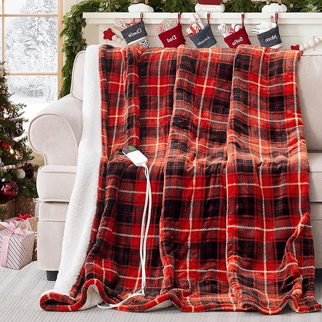 Electric Heated Blanket 50"x60",Fast Heated Throw with 8 Hours Auto Off/8 Heats Levels,Soft Red Plaid Sherpa Electric Blanket with ETL Certification & Over-Heat Protection