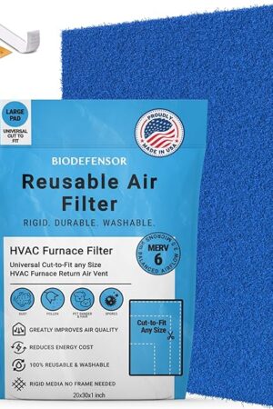 Biodefensor Reusable Air Filter 20x30x1, Made in USA - Cut to Fit Most Furnace, AC, HVAC Vent - Washable, Durable, Rigid Media - High Airflow Energy-Efficient, Includes Prep Pad & Hook Tape