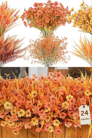 24 Bundles Artificial Fall Flowers for Outdoors Decoration, UV Resistant Silk Daisy with Eucalyptus and Realistic Fake Autumn Plants for Outside Indoor Yard Home Patio Decor, Fall Orange Red