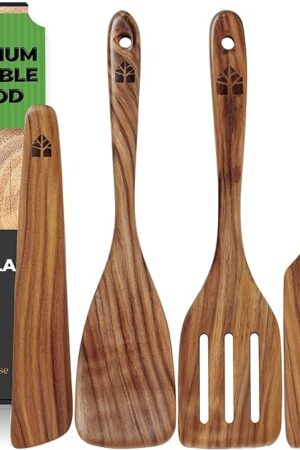 Wooden Spatula for Cooking, Teak Spatulas for Kitchen Use - Wooden Cooking Utensils Set of 4 including Paddle, Turner, Slotted Spurtle and Wood Scraper. Nonstick cookware.