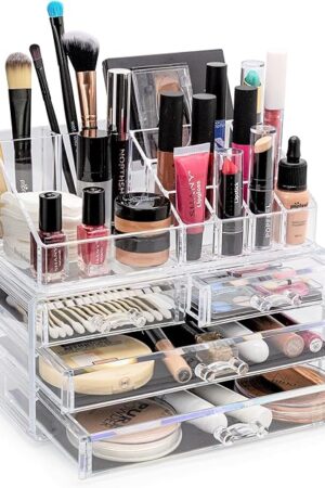Brookstone Acrylic Makeup Organizer Case Cosmetic Display Box Vanity Desk Organizer
