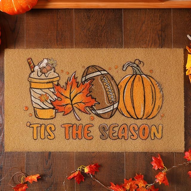 Welcome Mat Fall Football Style Pumpkin Coir Front Door Mat 29 x 17 in Floor Fall Doormat with Non Slip Backing for Bathroom Decor Kitchen Entrance
