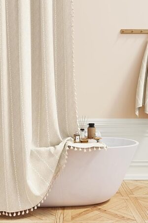 BTTN Boho Farmhouse Shower Curtain, Linen Rustic Weighted Striped Cloth Shower Curtain Set with Tassel, Water Repellent, Bohemian Vintage Country Fabric Shower Curtain for Bathroom, Cream/Beige, 72x72