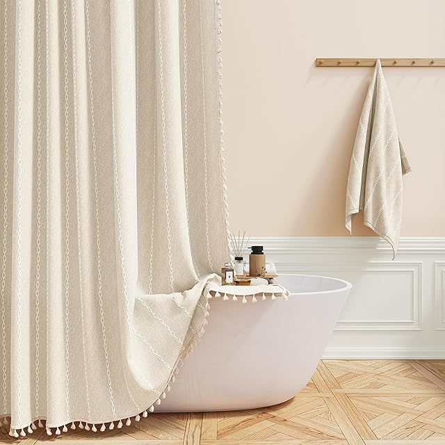 BTTN Boho Farmhouse Shower Curtain, Linen Rustic Weighted Striped Cloth Shower Curtain Set with Tassel, Water Repellent, Bohemian Vintage Country Fabric Shower Curtain for Bathroom, Cream/Beige, 72x72