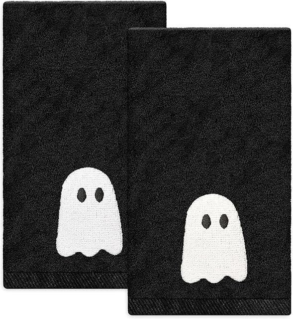 2 Pack Halloween Hand Embroidered Black White Ghost Cotton Dish Towel for Bathroom Hand Drying Kitchen Cleaning Towel Gift Set, 29.5 x 13.7 Inch