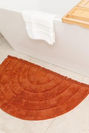 BIEN BEAU Boho Half Moon Bath Rug – Rust Orange - 100% Cotton Mat with Spray Latex Backing - Stylish, Easy-to-Clean Bathroom and Home Decor – 20 x 38 inch
