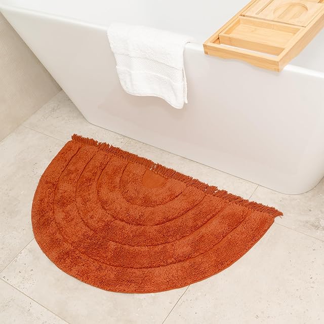 BIEN BEAU Boho Half Moon Bath Rug – Rust Orange - 100% Cotton Mat with Spray Latex Backing - Stylish, Easy-to-Clean Bathroom and Home Decor – 20 x 38 inch