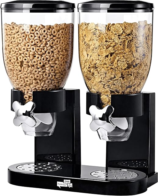 Honey-Can-Do Zevro Essential Dual-Control Dry Food Dispenser – Effortless & Organized Storage for Cereal, Dog Food, or Snack Dispenser for All Kinds of Treats, 17.5 oz Each Capacity, Black/Chrome