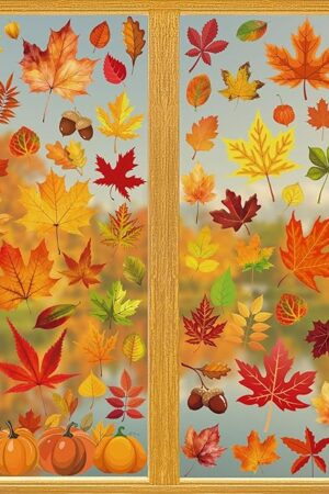 9 Sheets Fall Decorations, 274 PCS Fall Window Clings, Double Sided Autumn Stickers with Maple Leaves Pumpkin Nuts, Autumn Window Clings for Party Thanksgiving Decor Indoor Outdoor Accessories