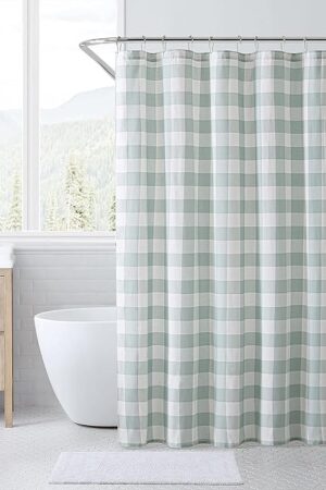 Eddie Bauer - Shower Curtain, Lightweight Cotton Bathroom Decor, Buttonhole Top (Cabin Plaid Green, 72" x 72")