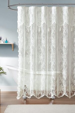 Warm Home Designs Ivory Lace Shower Curtain 72 x 72 Inches with Attached Valance & 7 Tassels. Luxury Farmhouse Shower Curtains for The Bathroom or Boho Shower Curtains for Bathroom. LA Ivory 72"