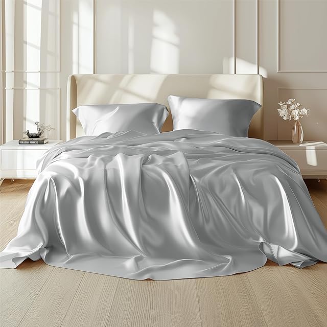 Bedsure Satin Sheets Queen Size Bed Set - Luxury Silky Bed Sheet Set, Ultra Soft & Wrinkle Free, Good for Hair & Skin, Gifts for Women, 15 Inches Deep Pocket, 4-Piece (Queen, Silver Grey)