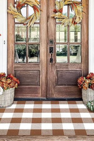 Buffalo Plaid Outdoor Rugs, 28'' x 43'' Coffe and White Checkered Area Rug, Layering Rug for Hello/Welcome Door Mat, Washable Cotton Woven Farmhouse Mat for Front Porch Décor