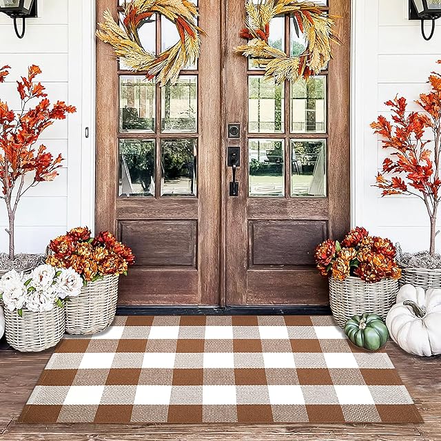 Buffalo Plaid Outdoor Rugs, 28'' x 43'' Coffe and White Checkered Area Rug, Layering Rug for Hello/Welcome Door Mat, Washable Cotton Woven Farmhouse Mat for Front Porch Décor