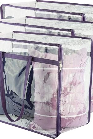 Clear Vinyl Zippered Storage Bags (3-Pack) 40L Sturdy Storage Bags for Sweaters, Blankets, Comforters, Bedding Sets and Much More! (Purple, 18x15x9)