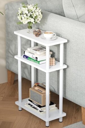Apicizon Small Narrow Side Table, 3-Tier Skinny End Table with Storage Shelf, Slim Nightstand Bedside Table for Small Spaces, Living Room, Bderoom, White