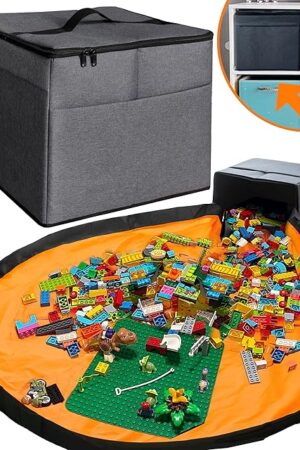 XL Toy Storage Organizer with Play Mat - Storage Bag/Box for Kids, Boys, Girls, Nursery, Playroom - Basket for Building Bricks/Blocks - Collapsible Fabric Cube Bin, 13"x13"x15"