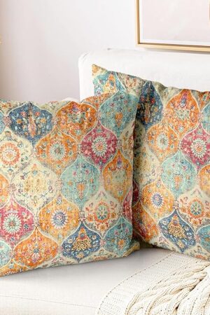 Boho Throw Pillow Covers 18x18 inch Set of 2,Soft Pillowcases Bohemia Carpet Printing Pattern Decorative Sofa Living Room Bed Square Pillow Case Cushion Cover-Cream Color