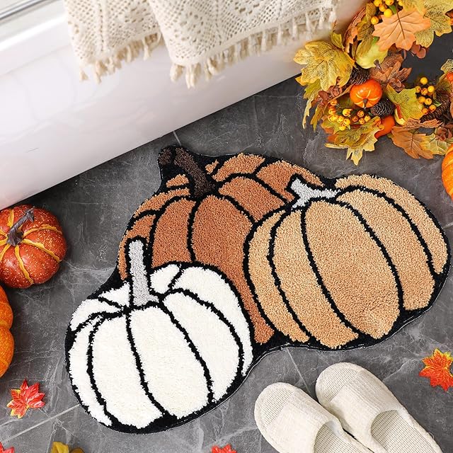 Nuanchu Fall Pumpkin Bathroom Rug Thanksgiving Day Door Mat Funny Pumpkin Shape Bath Rug Non Slip Washable Bath Mat for Autumn Home Kitchen Entrance Decor, 19" x 30"