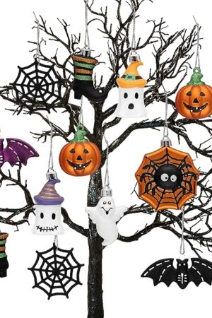 Valery Madelyn Halloween Ornaments Decorations Indoor for Mini Tree, 12ct Variety Shatterproof Decorative Hanging Ball Ornament Set with Spider Bat Ghost Jack-o'-Lantern Pumpkin for Holiday Party Home