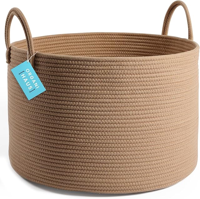 OrganiHaus Large Laundry Basket, Woven Cotton Rope Basket for Blankets, Toy Storage, Nursery Hamper, Living Room Decor Organizer, Soft & Durable Hamper with Handles, 20x13 inches - Honey
