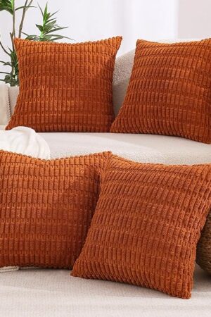 All Smiles Fall Decorative Throw Pillow Covers 18x18 Set of 4 Rust Thanksgiving Halloween Farmhouse Home Corduroy Square Cushion Case for Decor Living Room Couch Bed Sofa,Boho Terracotta Orange