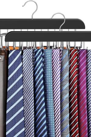 2 Pack Tie Rack & Belt Hanger 2 in 1 Tie Hanger Space Saving Max 42 Belts& 60 Ties Capacity for Closet Organizers and Storage, Sturdy Wood Belt & Tie Collection Organizer