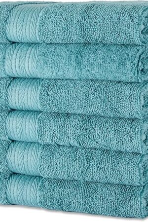 Amazon Basics Fade-Resistant 100% Cotton Hand Towel, 6 Pack, 16"x26", Teal Green