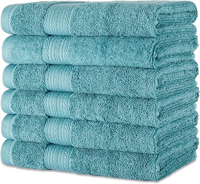 Amazon Basics Fade-Resistant 100% Cotton Hand Towel, 6 Pack, 16"x26", Teal Green
