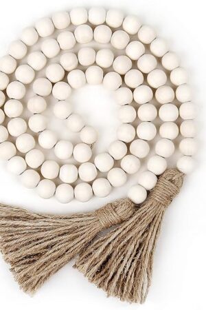 58in Wood Bead Garland with Tassels, Farmhouse Rustic Country Decor Prayer Boho Wall Hanging Decoration (Nature)