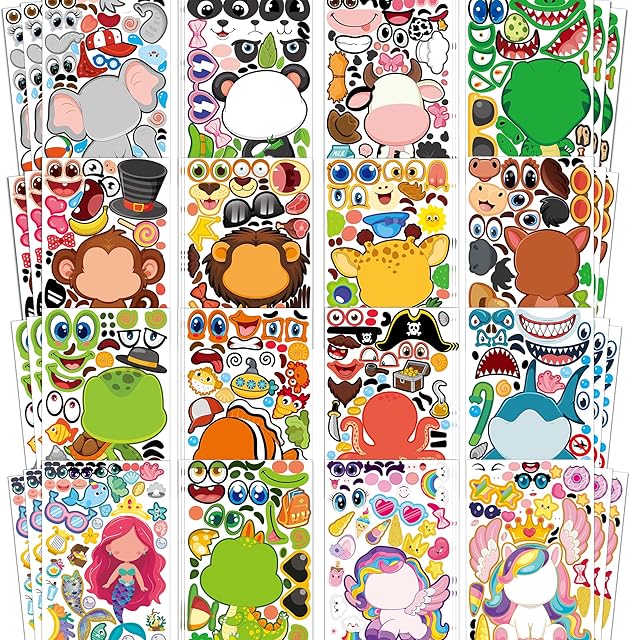 The Stickers for Kids - 48 Sheets Make a Animal Face Stickers - Crafts Goodie Bags Stuffers Party Favors Activities Gifts for Kids Toddler Halloween Christmas Birthday School Classroom Supplies Age 4-8
