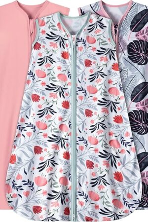 Baby Sleep Sack 6-12 Months 3 Pack Baby Wearable Blanket 100% Rayon Cotton 2-Way Zipper Toddler Sleeping Sack .Comfy Soft Lightweight TOG 0.3 (Banana&Flower&Pink,)