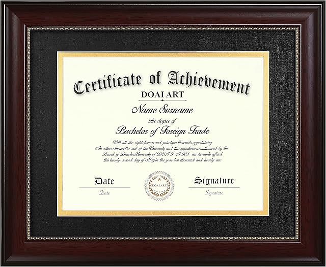 DOAI ART 8.5x11 Diploma Frame Classic Mahogany Display 8.5x11-inch with Black Over Gold Mat or 11x14 Document &Certificate Without Mat,Wide Molding, Gold Beads Hanging Hardware Included